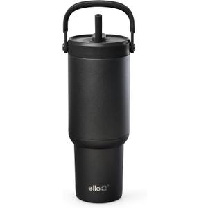 Ello Oasis Go+ 26oz Tumbler with Top Handle and Retracting Straw | Reusable Insulated Stainless Steel Cup, 100% Leakproof Water Bottle, 24 Hours Cold, Cup Holder Friendly For Travel | Black