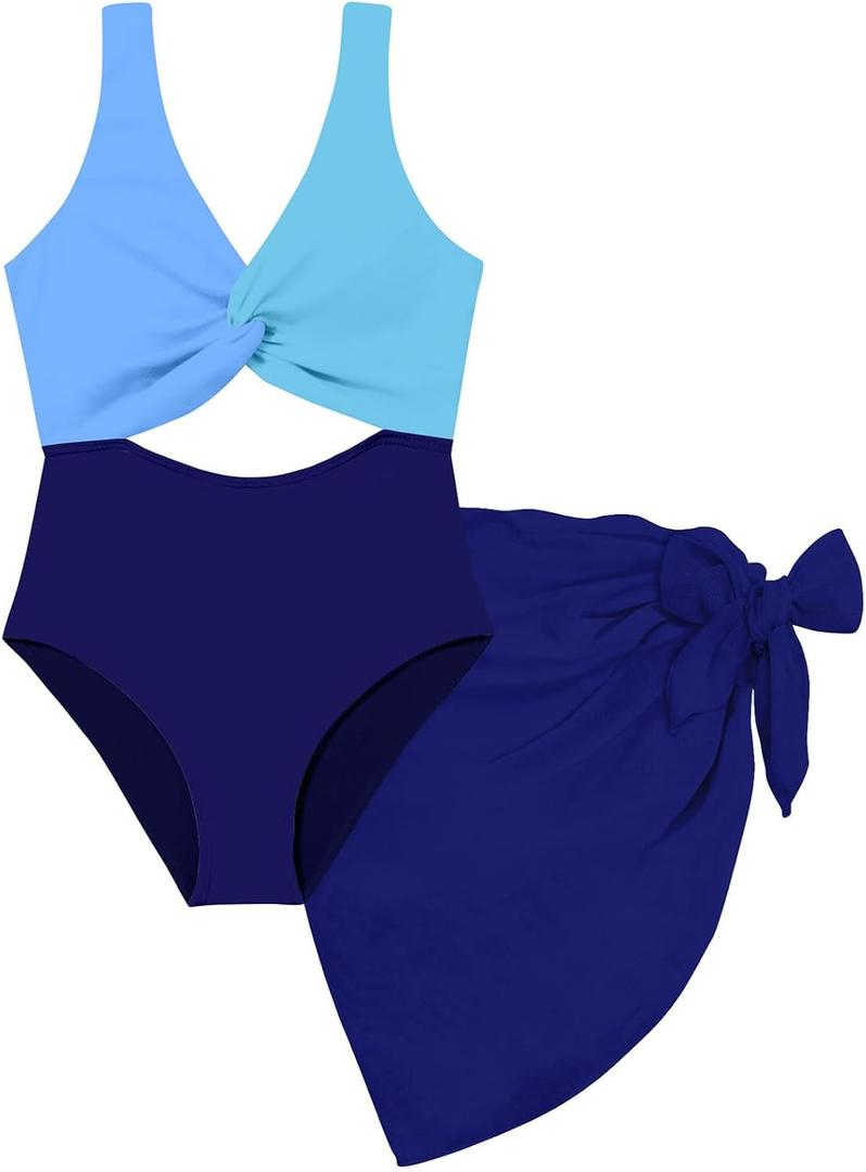 Funnycokid Girls One Piece Swimsuit Size 10-12 Bathing Suit Twist-Knot Blue Color Block Adjustable Straps Pad Teen Swimwear with Cover Up Skirt