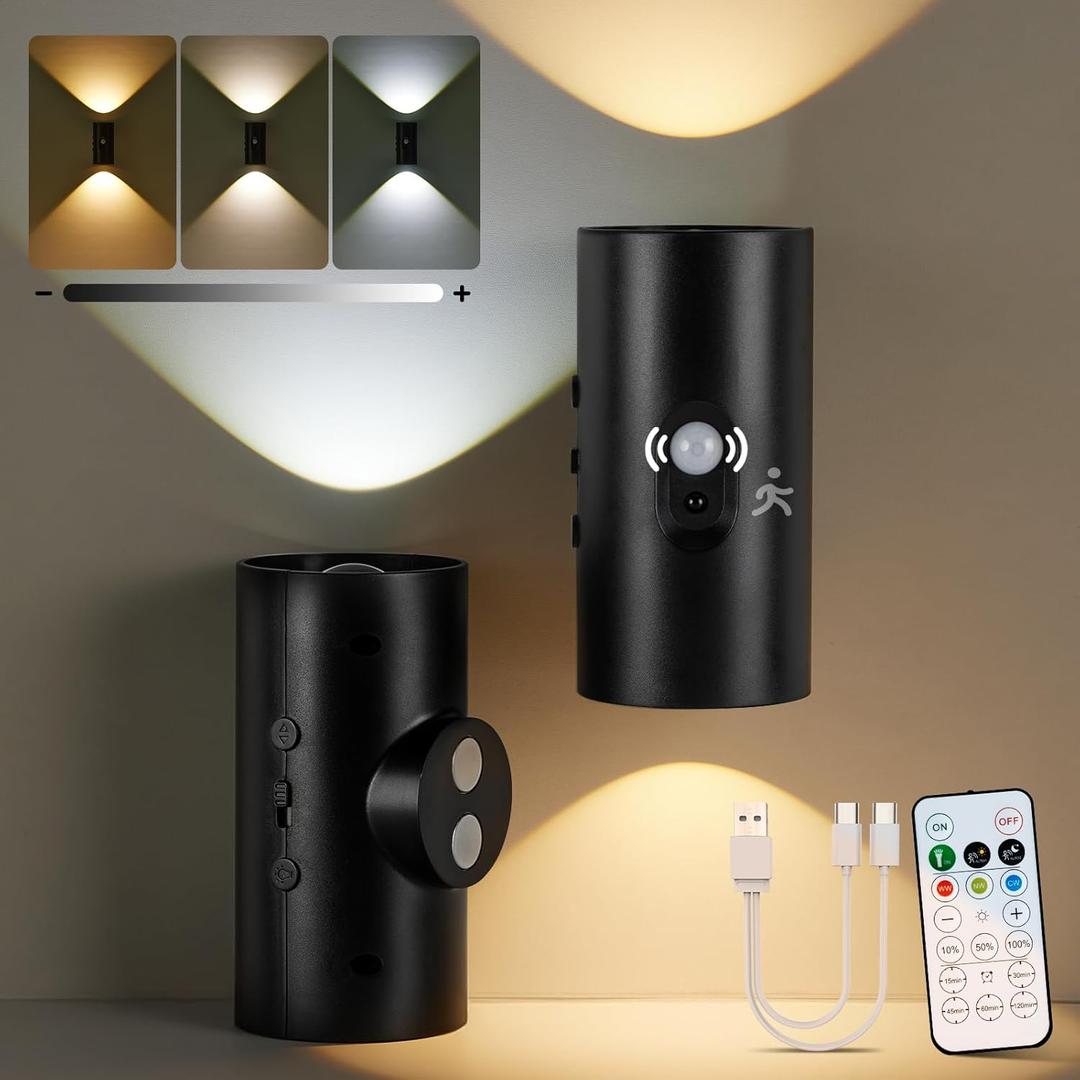 Motion Sensor Wall Lights with Remote, 4,000mAh Rechargeable Battery Operated Wall Sconces, Wireless Adhesive Wall Light, 3 Colors Cordless Wall Mounted Light Dimmable for Room, 2 Pack