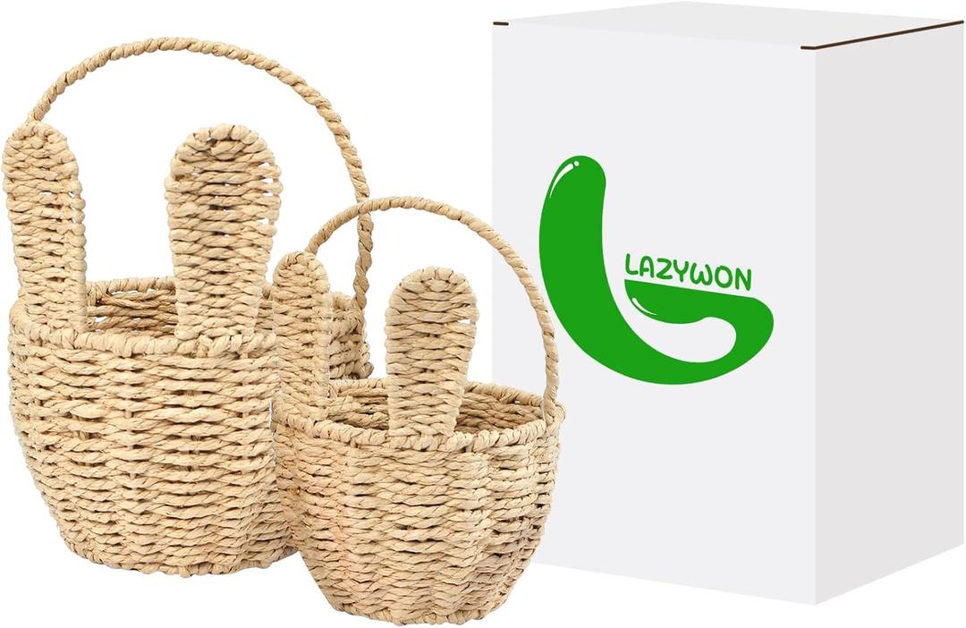 Small Wicker Bunny Basket for Baby - 2pcs Cute Easter Basket 7" x 5" Mini Bunny Basket with Ears for Organizing Flowers Candy Easter Egg Woven Storage Bins Decorative Gift Baskets Halloween Christmas