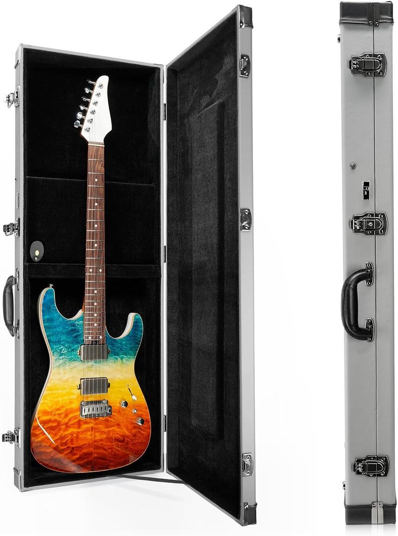 Electric Guitar Case Hard, Fits Fender Strat, Tele, and Standard Guitars, Portable 4-Layer Protection Hardshell with Comfort Handle, Secure Metal Lock (Light Grey)