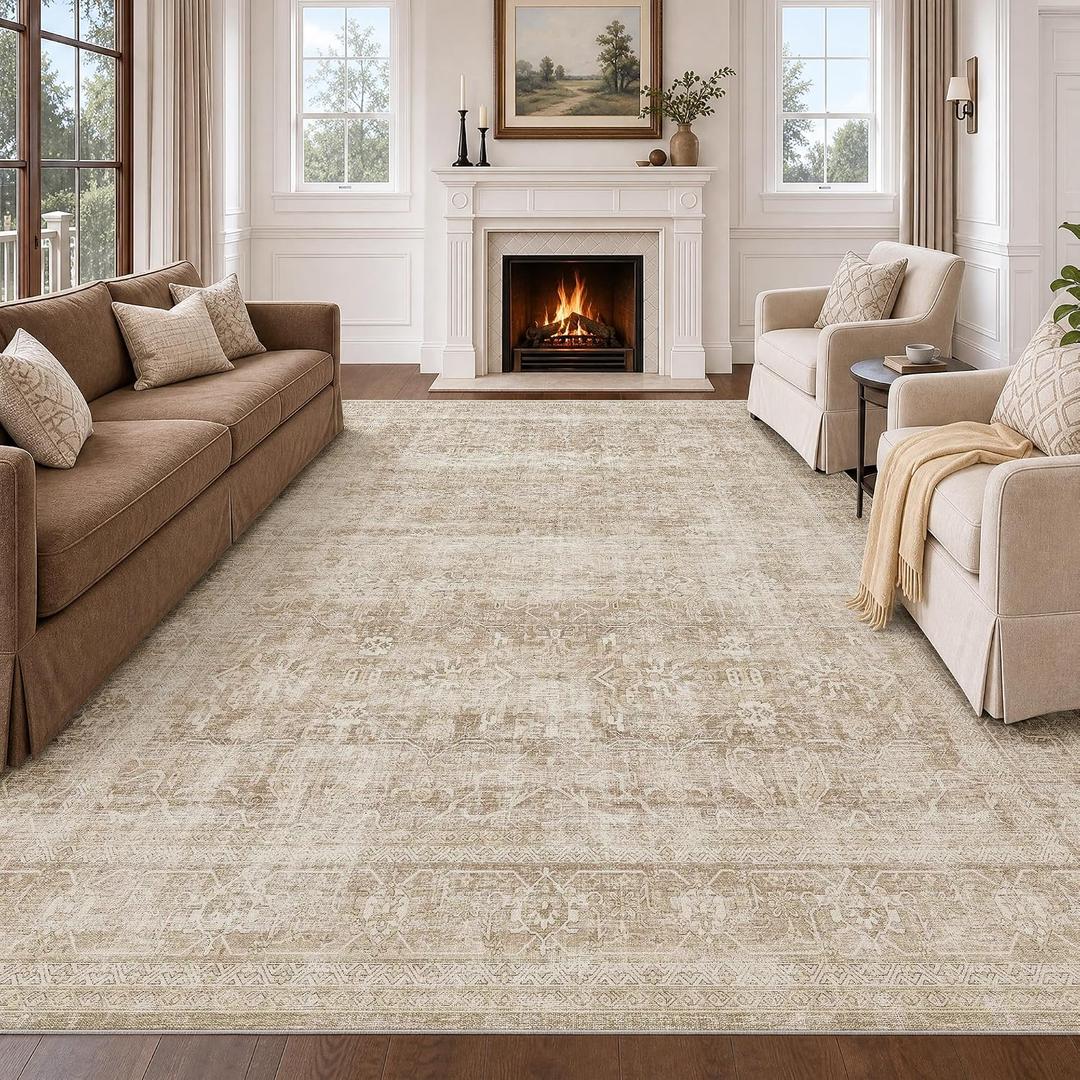 Beauoop 9x12 Washable Beige Neutral Vintage Large Area Rug for Living Room