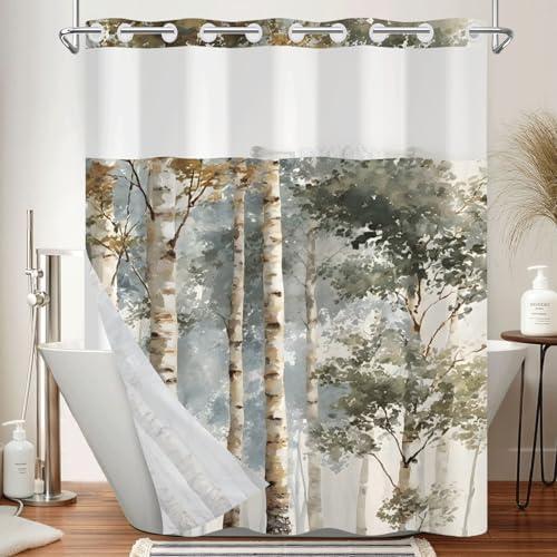 Xiazhilaio No Hook Bathroom Shower Curtain and Liner Set, Birch Tree Forest Print Double Layer Waterproof Fabric Bath Tub Curtain with Snap in Liner, See Through Top, 71 x 74 Inch