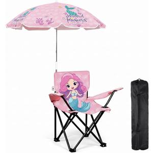 Redbaker Mermaid Kids Beach Chair with Umbrella Pink Toddler Folding Lawn and Camping Chair with Summer Shade for Boys Girls Outdoor Pool Travel Picnic