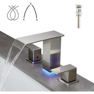 LED Light Bathroom Sink Faucet Widespread- Waterfall Bathroom Faucets for Sink 3 Hole, Bathroom Sink Faucet 8 Inch 2 Handles, Modern Bathroom Faucets with Pop-up Drain