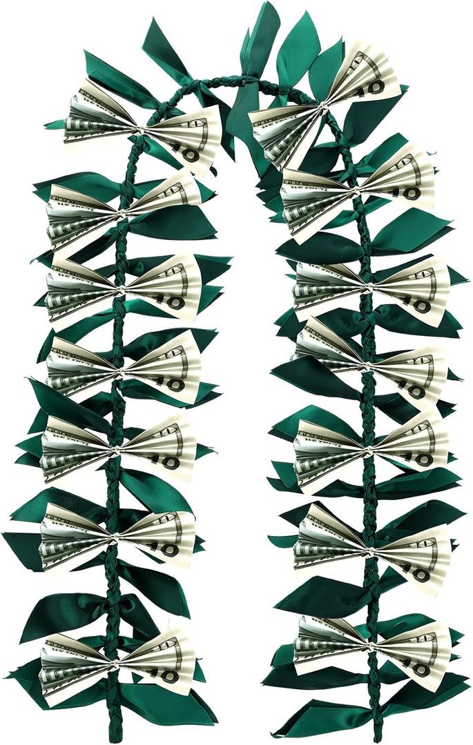 Graduation Money Lei Class of 2025 Graduation Ti Leaf Ribbon Lei DIY Grad Hawaiian Maile Green Leaves Necklace Garland for Senior High School College Grad Party Accessories, No Money Included