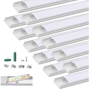 Glooglitter 12 Pack 3.3ft Pre-drilled Countersunk Hole LED Channel Diffuser U Light Strip Aluminum Track with Cover Screw End Cap Easy Cut Tight Flush Mounted Cabinet Tape Light Strip(Milky White), 3.3 ft x 0.49 in x 0.67 in
