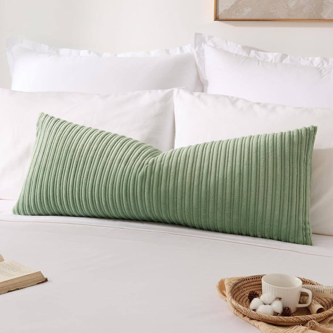 Kevin Textile 14x36 Inch Long Lumbar 1 Pack Spring Plush Striped Corduroy Throw Pillow Cover Velvet Accent Decorative Long Body Rectangle Cushion Case for Living Room Couch Sofa Bed, Sage Green
