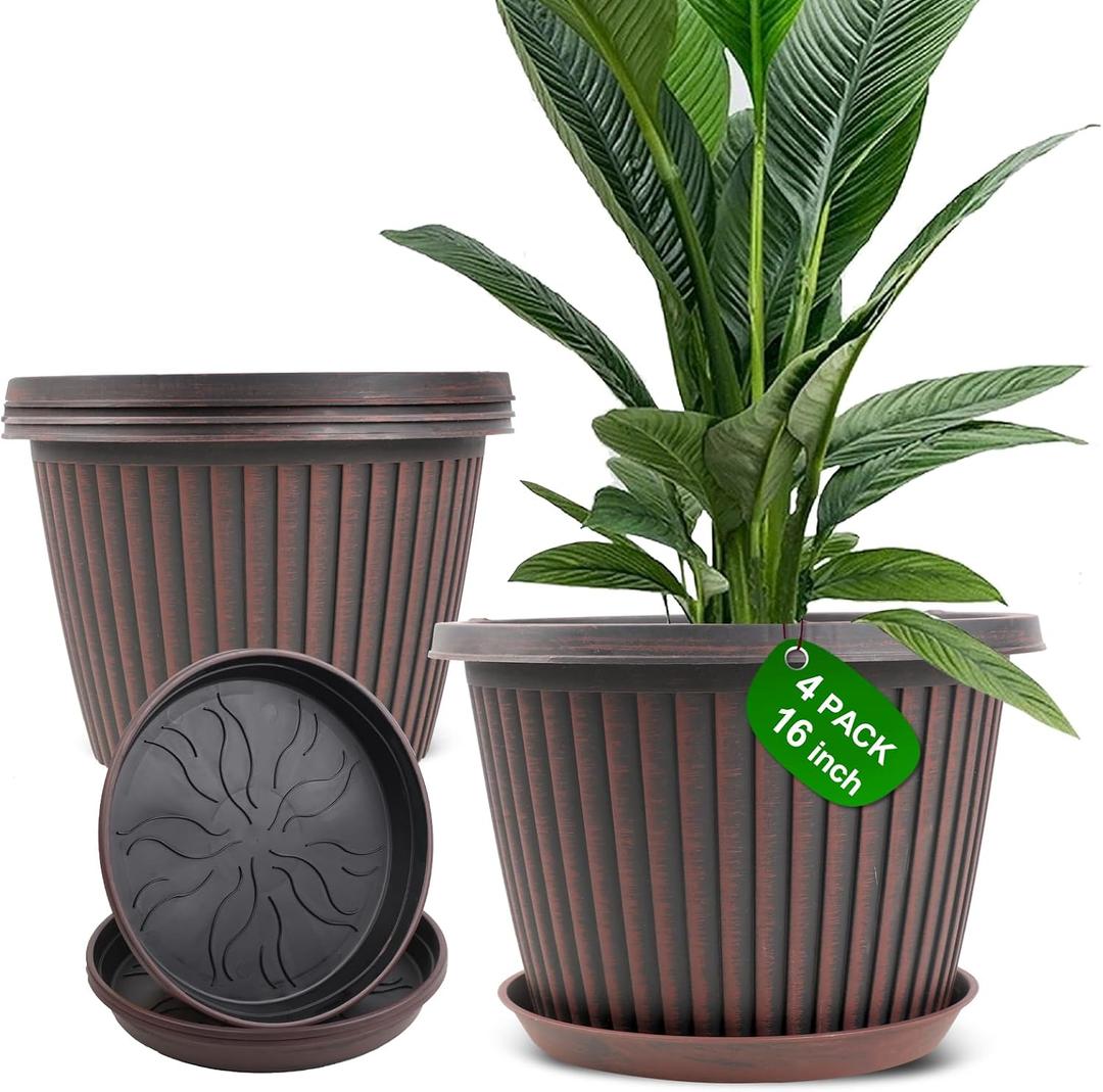 Large-Planter-Indoor-Outdoor Plant Pots, 16 inch 4 Pack Plastic Flower Pots with Saucer And Drainage Holes, Modern Garden Planters For Planting Medium Large Plants Decorative Resin Garden Pots
