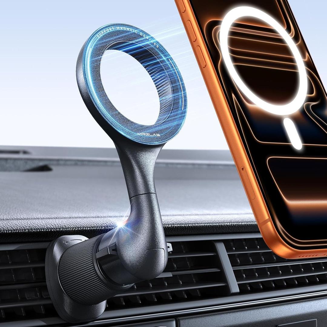 MRGLAS for MagSafe Car Mount [Upgraded 40 Strong Magnets] [360 Rotation] Air Vent Magnetic Phone Holder [Double Metal Hook] Car Phone Holder Mount Compatible iPhone 17 16 15 Pro Max S26 Ultra S25 (Black)