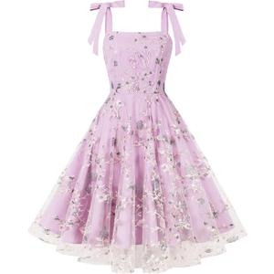 IMEKIS Women Square Neck Tie Strap Tulle Prom Dress Vintage Embroidered Floral Formal Evening Party Cocktail Dress (Medium, Lilac)