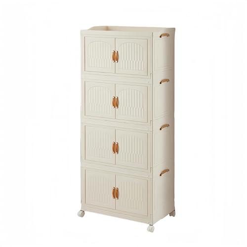 29Gal Foldable Plastic Storage Cabinet with Doors 4 Tier Large Folding Stackable Storage Box with Lids White Tall Nightstand for Bathroom, Bedroom, Living Room