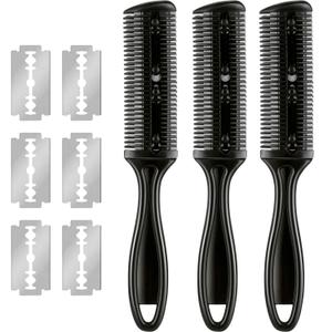 Maitys 3 Pcs Haircut Razor Comb Hair Cutting Comb with 12 Replacement Blades Double Edge Shaper for Salon & Home Styling Split Ends Trimmer Styler for Thick and Thin Hair (Black)