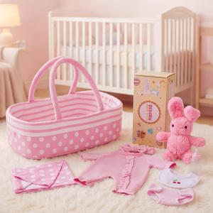 BABESIDE 8 Pcs Baby Doll Accessories, Reborn Baby Dolls Clothes with Bassinet for 17-22 Inch Babydolls, Outfit fit Babies Dolls Girl, Babies Pretend Play Set