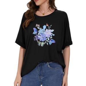 Oversized Tshirts for Women Summer Short Sleeve Casual Basic Tee Tops Loose Fit Shirts, Black Flower Butterfly, 3XL