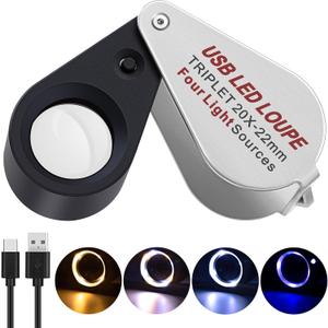 20X Jewelers Loupe, Pocket Magnifier with Led/UV Light, Rechargeable Magnifying Glass Folding Jewelers Eye Loop for Jewelry, Gemstone, Diamond, Coin, Stamp, Antique Identifying