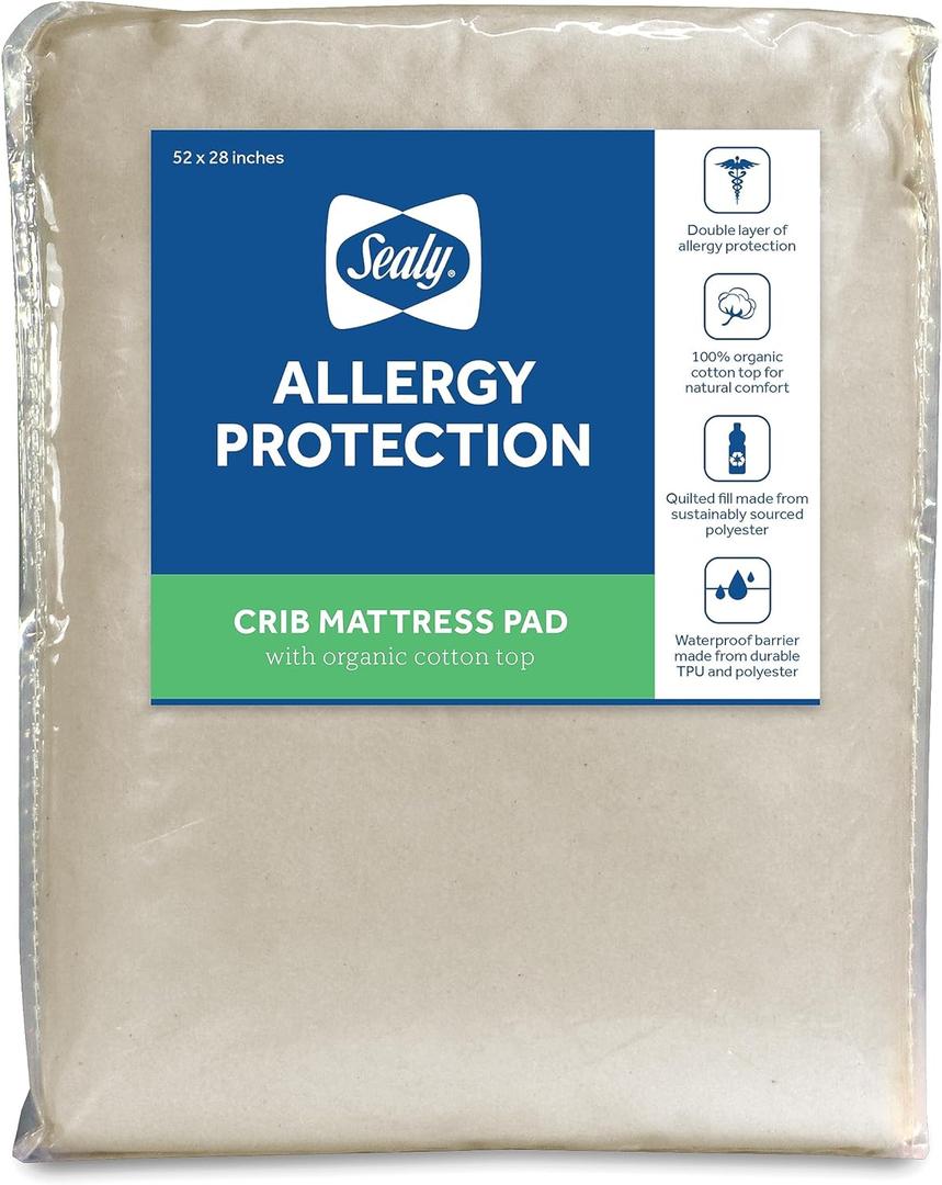 Sealy Baby Organic Cotton Top Breathable Fitted Waterproof Infant Crib Mattress Protector Pad and Toddler Bed Cover, Durable and Comfortable Topper, Machine Washable, 52 x 28- White (52x28x8.5 Inch (Pack of 1))