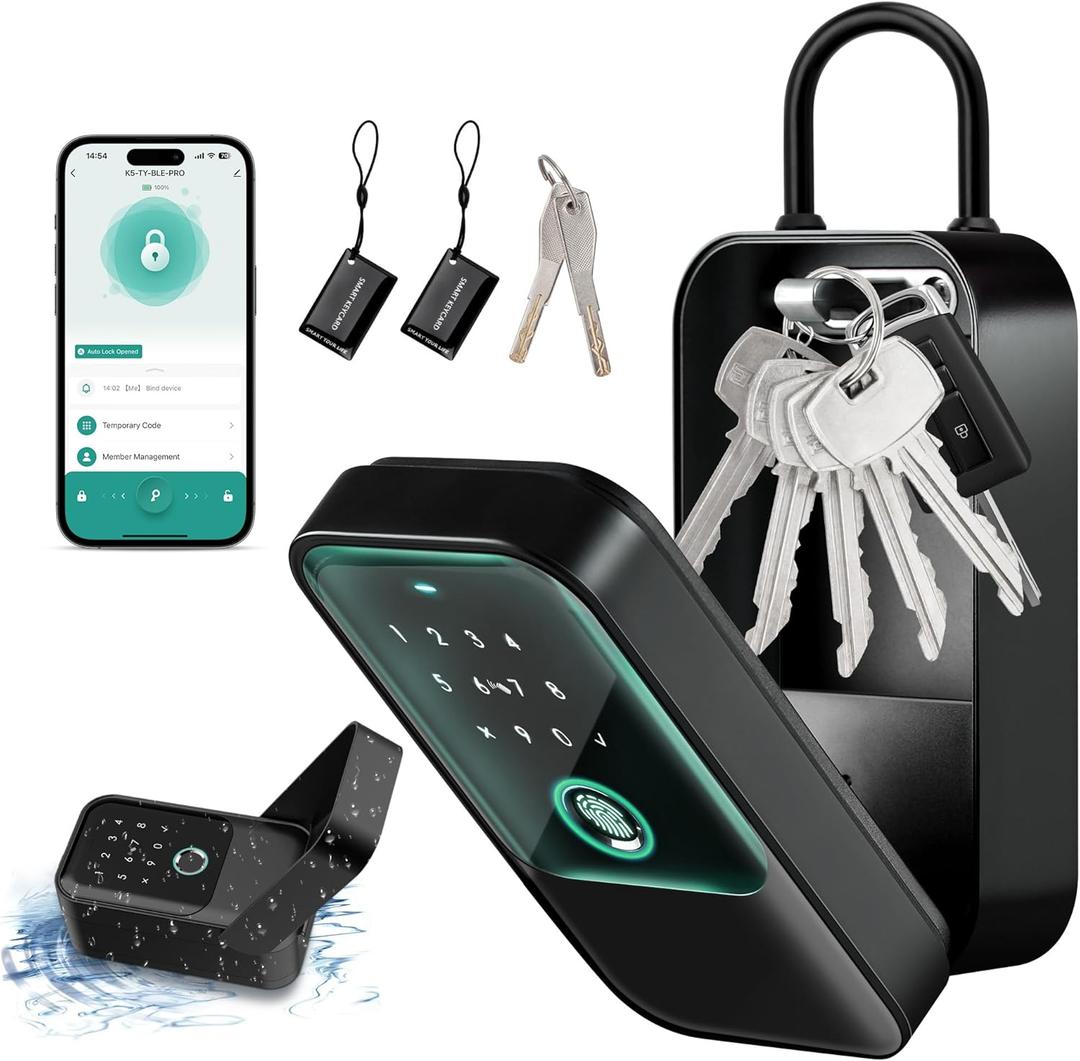 Moquin Smart Lock Box for House Keys, Fingerprint Lockbox Bluetooth Key Box with 5 Unlock Ways Fingerprint, Tuya App Control, Access Card, Passcodes, Manual Key for Airbnb & Home & Office & Garage