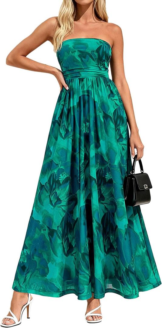 PRETTYGARDEN Women Strapless Maxi Dress 2026 Summer Floral Tube Top Ruched Beach Spring Wedding Guest Long Dresses (Small)