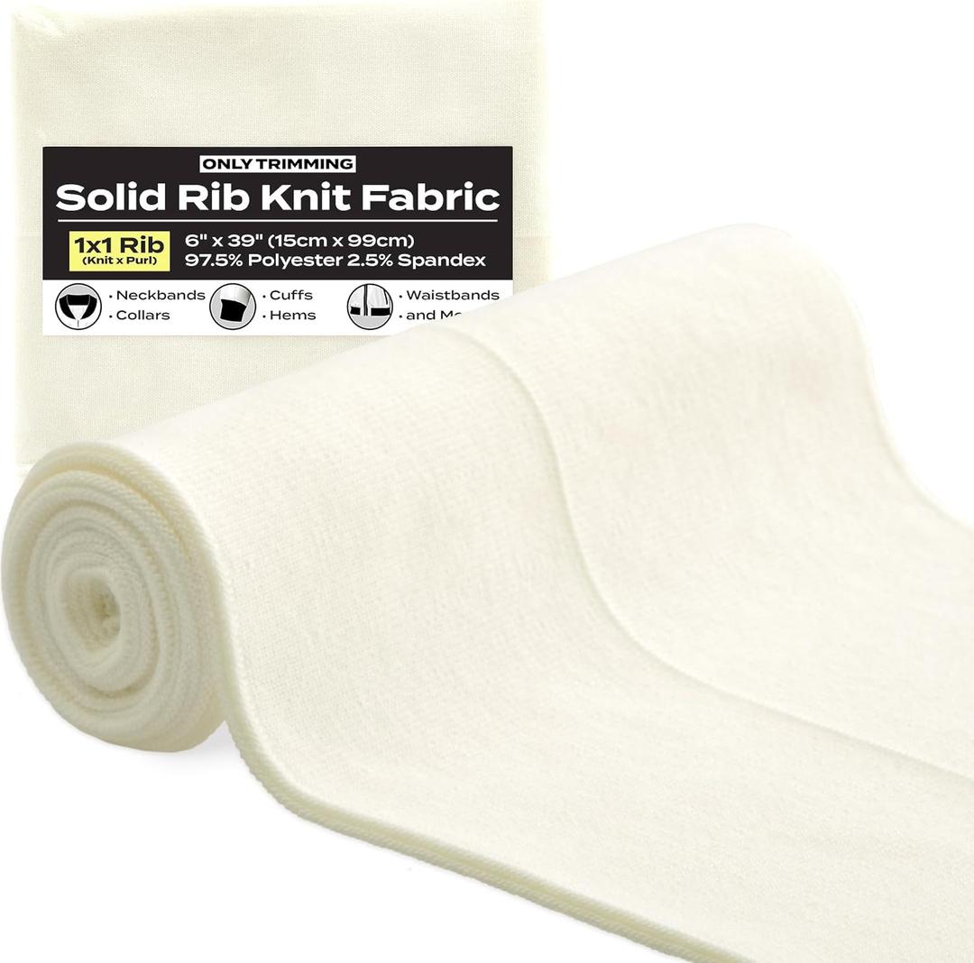 1x1 Solid Rib Knit Fabric, Stretchy Knitted Ribbing for Cuffs, Collars, and Waistbands, Polyester-Spandex Blend, DIY Sewing Trim, 6 x 39 Inches (Cream, 6 x 39 Inches)