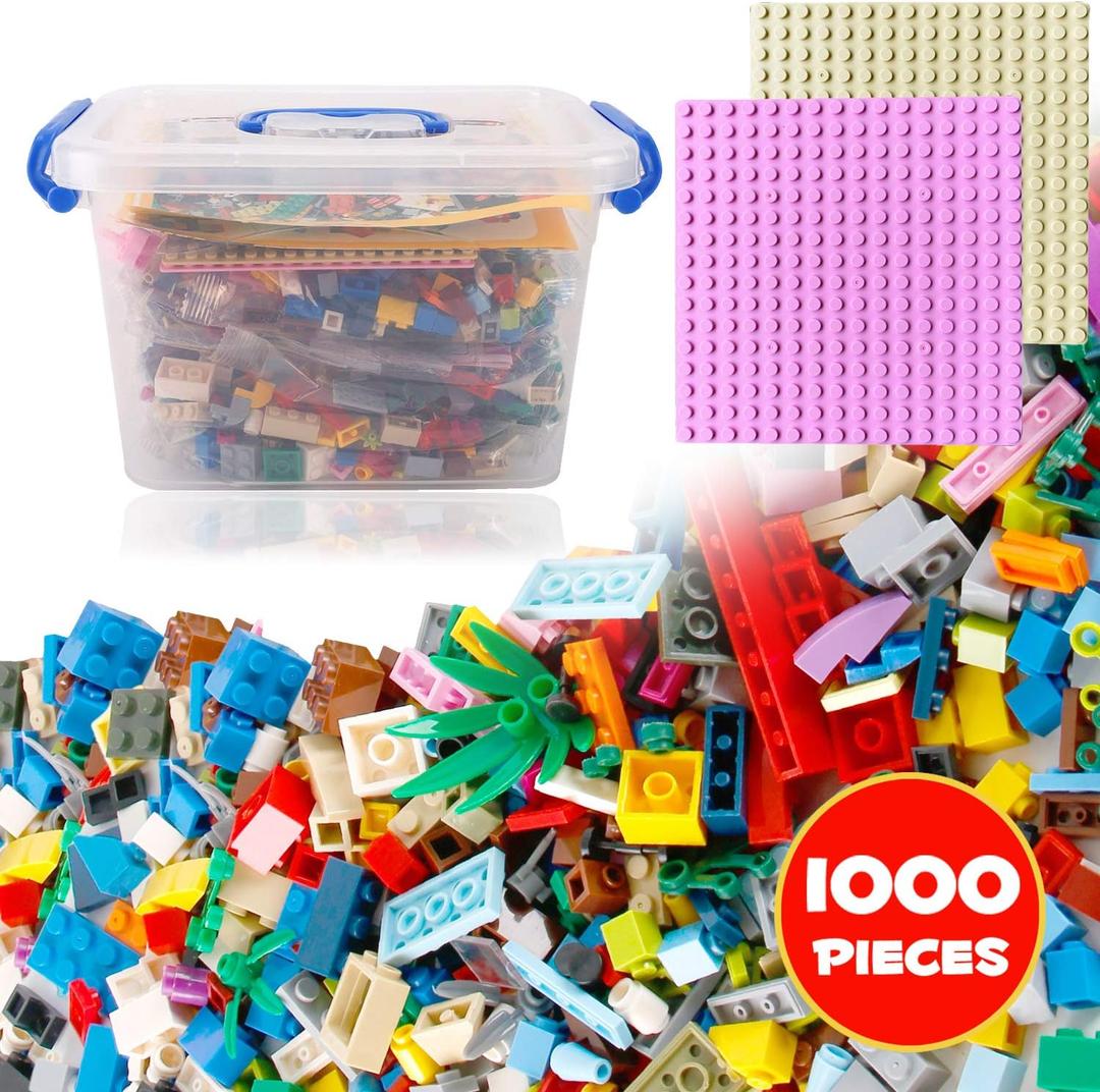 Liberty Imports Bucket of Mini Building Bricks Playset with Base Plates, 16 Color Classic and Pastel Mix Blocks Set in Carrying Case, Tight Fit and Compatible with All Major Brands (1000 Pieces)