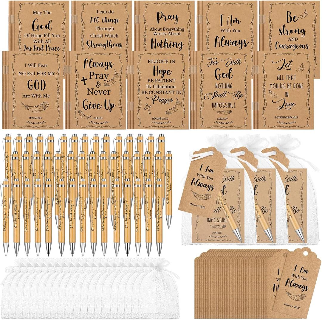 200 Pcs Christian Gifts Bulk Sets Bible Verse Religious Ballpoint Pen and Notebook Gift Set with Thanks Tags Organza Bag Gift Bulk for Women Church Christian Party Favors(Brown,Classic) (White)