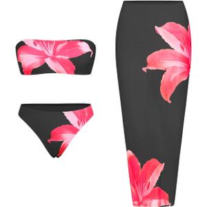 ZAFUL Womens 3pcs Bikini Swimsuits Bandeau 3 Piece Swimwear High Cut Bikini Sets with Long Sheer Coverup Dress 1-Floral Black M