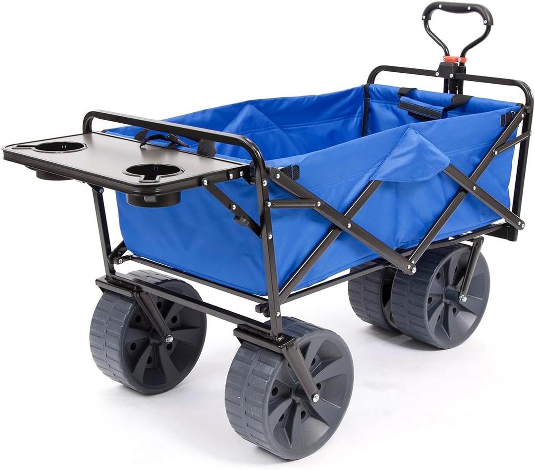 MacSports All Terrain Beach Wagon with Side Table|Heavy Duty Collapsible Folding Cart with Large Wheels for Beach Day, Picnic, Camping,Outdoor Activities | Blue/Black