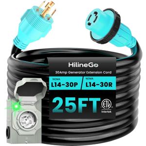 30 Amp Generator Cord 25FT and Pre-Drilled Power Inlet Box, Heavy Duty NEMA L14-30P/L14-30R Extension Cord, 125/250V 7500W Twist Lock Connector with Inlet Box for Generator to House, ETL Listed