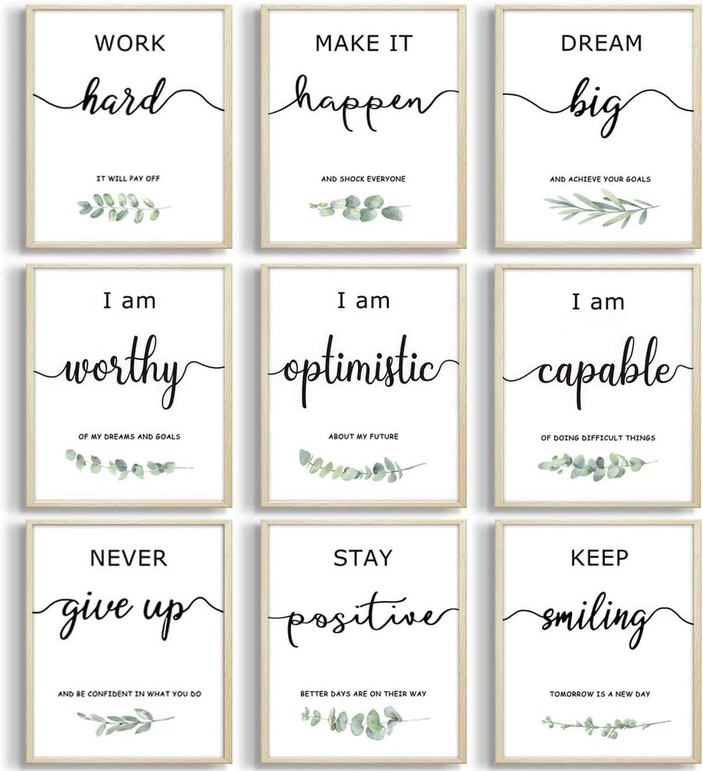 9Pcs Inspirational Wall Art Office Wall Decor Motivational UNFRAMED Posters Prints Positive Pictures Painting Greenery Affirmations Canvas For Bedroom,Living Room,Office,Classroom810
