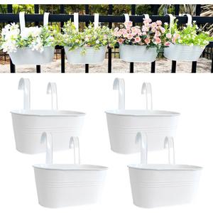 12" Balcony Railing Planters, Outdoor Hanging Planter for Fence, Stylish Metal Porch Deck Flower Pot for Herbs & Succulents (White, Pack of 4)