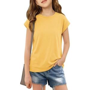 Girls Cap Sleeve T Shirts Kids Summer Crewneck Solid Tops Tees 5-14 Years (Yellow)