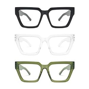 AMOMOMA Retro Reading Glasses for Women, Trendy Stylish Square Blue Light Blocking Readers AM6107, Black&Transparente&Green 1.00x
