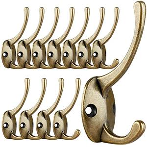 IBosins 12 Pack Antique Brass Coat Hooks Wall Mounted with 24 Screws Retro Double Hooks Utility Antique Brass Hooks for Coat, Scarf, Bag, Towel, Key, Cap, Cup, Hat