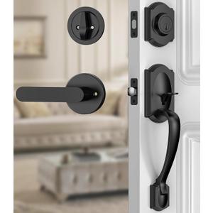Front Door Lock Set, Black Front Door Handle and Deadbolt Set, Vintage Exterior Door Lock Set, Front Door Handle with Single Cylinder, Reversible for Right & Left, Matte Black