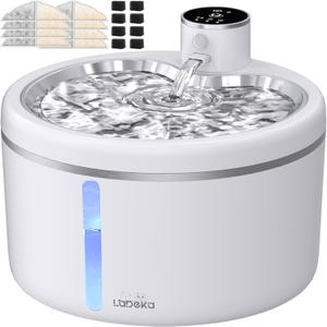 Wireless Cat Water Fountain with Stainless Steel Tray, 102oz/3L Pet Water Fountain for Cats Inside, Cat Fountain for Drinking with Motion Sensor, Ultra Quiet Pump (White, 102oz+8Filters)