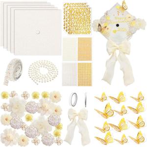 Wavwavw 58 Pcs DIY Graduation Cap Decorations Kit Grad Cap Decor Included Faux Flowers Bow Mesh 3D Butterfly Stickers, Adhesive Rhinestones, Glitter Letter Stickers, for 2026 Grad Party(White)