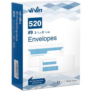Vivin 520 No.9 Flip and Seal Security-Tinted Business Envelopes for Quickbooks Invoices and Business Statements, Home & Office, 3-7/8 x 8-7/8 Inches, Double Window, 24 LB, White