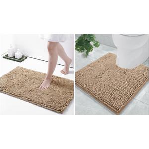 Smiry Chenille Bathroom Rugs 30x20 and U-Shaped Toilet Bath Rugs 20x20, Extra Soft and Absorbent Shaggy Bath Mat, Machine Washable, Non-Slip Plush Carpet, Beige