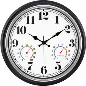 45MinST 16 Inch Silver Vintage Large Indoor/Outdoor Waterproof Wall Clock with Thermometer & Hygrometer, Silent Non-Ticking Quartz Timepiece for Home, Porch, Garden