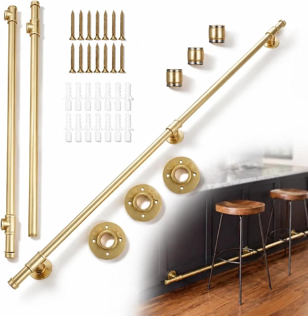Moxweyeni 6 ft Gold Bar Foot Rails Kit Brass Staircase Handrail for Shelves Pipe Handrail with Mount Hardware and Tubing Bar Rest Brackets for Indoor Outdoor Office Restaurant Kitchen Island