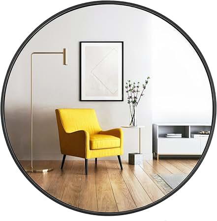 24-Inch Round Wall Mirror - Sleek Matte Black Metal Frame - Large Circle Mirror for Living Room, Bathroom, Vanity, & Entryway - Deep-Set Modern Design