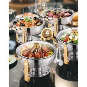 VEVOR Chafing Dish Buffet Set, 5 Qt 4 Pack, Stainless Steel Chafer with 4 Full Size Pan, Round Catering Warmer Server with Glass Lid Water Pan Folding Stand Fuel Holder, for Wedding Banquet, Gold