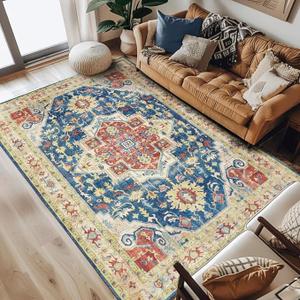 jinchan Area Rug 6x9 Floral Rug Vintage Blue Orange Thin Vintage Retro Indoor Non Slip Carpet Kitchen Living Room Bedroom Dining Room (6'x9')
