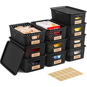 10 Pack Small Plastic Storage Bins with Lids, Stackable Plastic Storage Baskets for Organizing with Handles, Organizer Bins with Labels for Room, Craft, Containers for Pantry Organizers and Storage