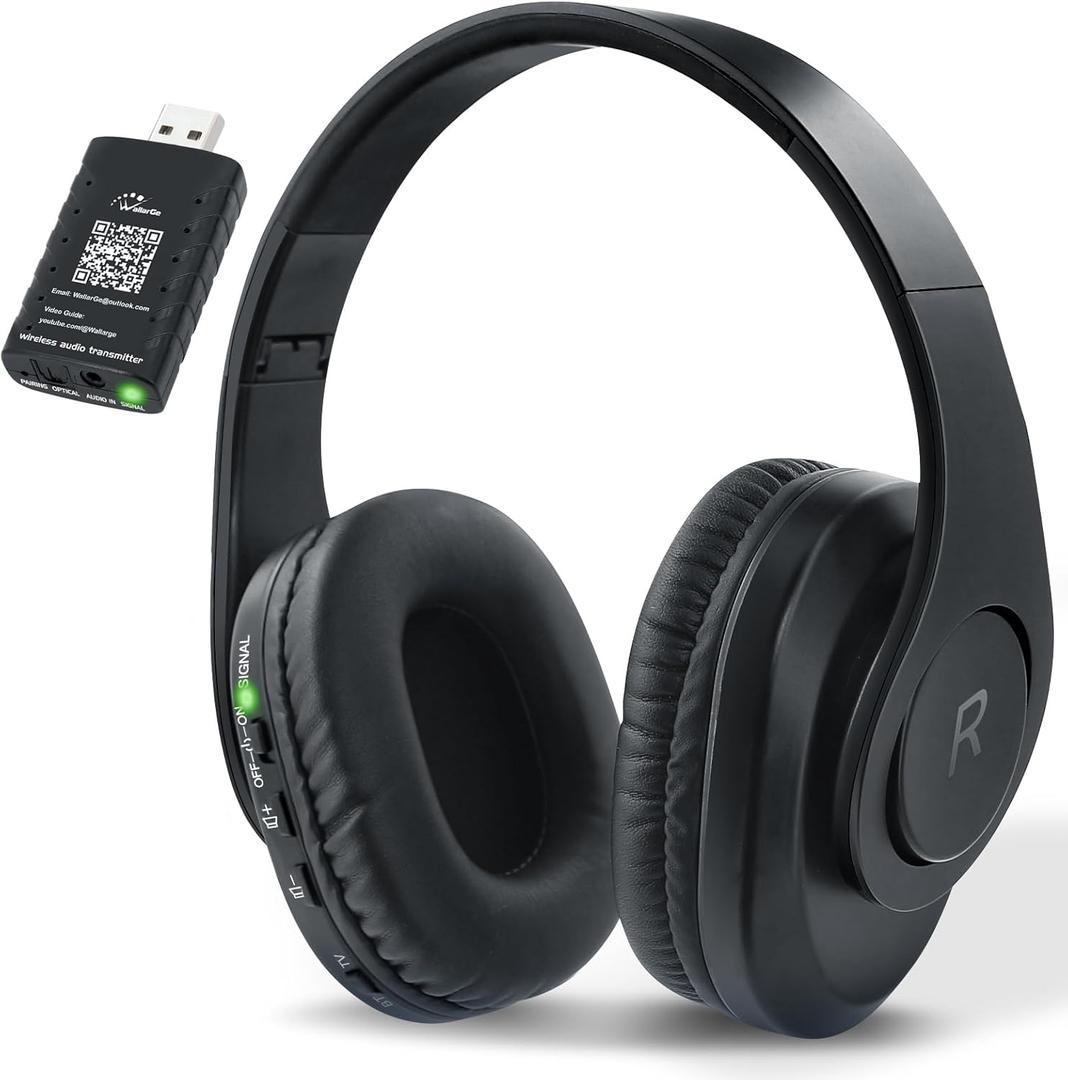 WallarGe Wireless Bluetooth Headphones for TV Watching, Comfortable for Seniors with Bluetooth 5.3, Easy Setup Headphones with USB Transmitter, 25 Hours Play and No Audio Delay