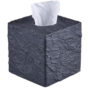 Natural Rock Textures Tissue Box Cover Square for Home Decor, Wild Raw Rocks Resin Heavy Cube Tissue Box Holder for Bathroom Countertop, Tabletop, Night Stand, Office Desk (Black)