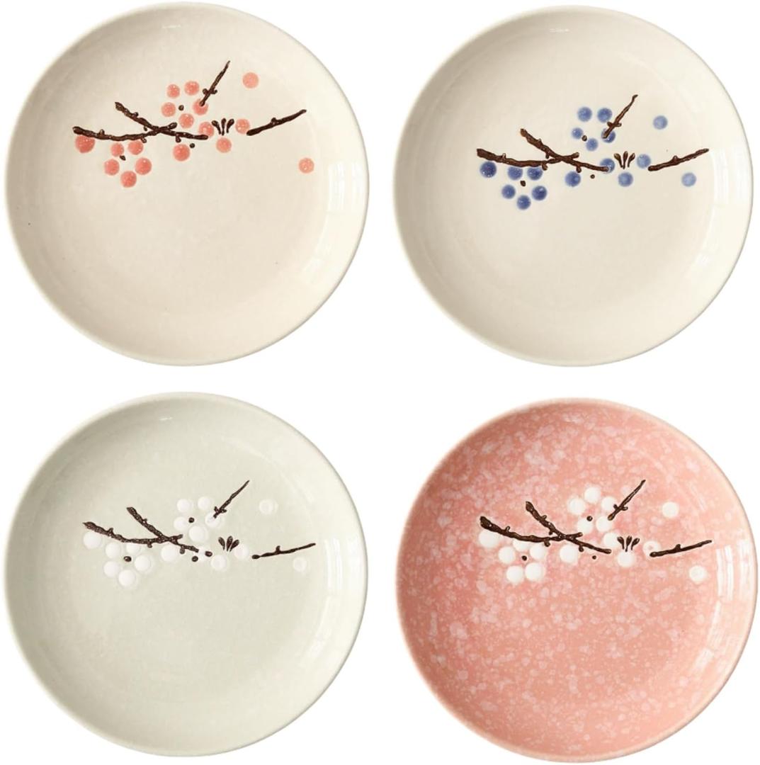 6 inch Small Appetizer plates for Kitchen,Set of 4 Japanese Dinner Plates Serving Dishes for Snack,Dessert,Side DIshes,Pie,Cake,Salad,Microwave Dishwasher Safe(pink lightgreen off-white)