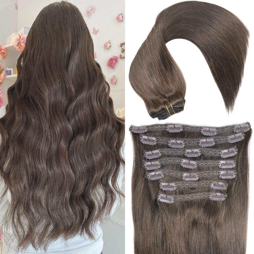 Real Human Hair Lace Clip In Hair Extensions Thick Ends 20inch 120g Color Dark Brown Remy Hair Extensions
