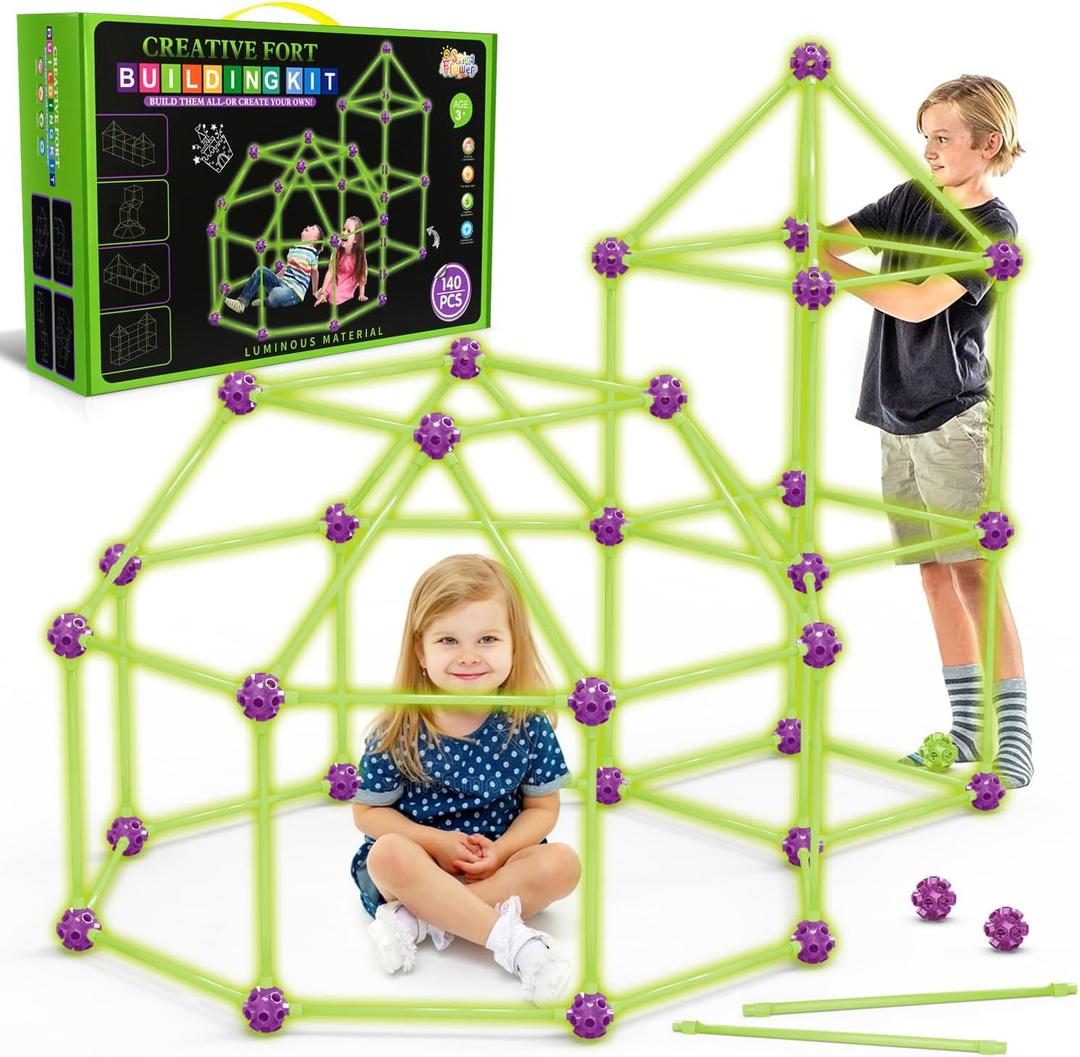 Glow In The Dark Fort Building Kit for Kids,STEM Construction Toys, Educational Gift for 4 5 6 7 8 9 10 11 12 Years Old Boys and Girls,Ultimate Creative Set for Indoor & Outdoors Activity,140 Pcs, Medium